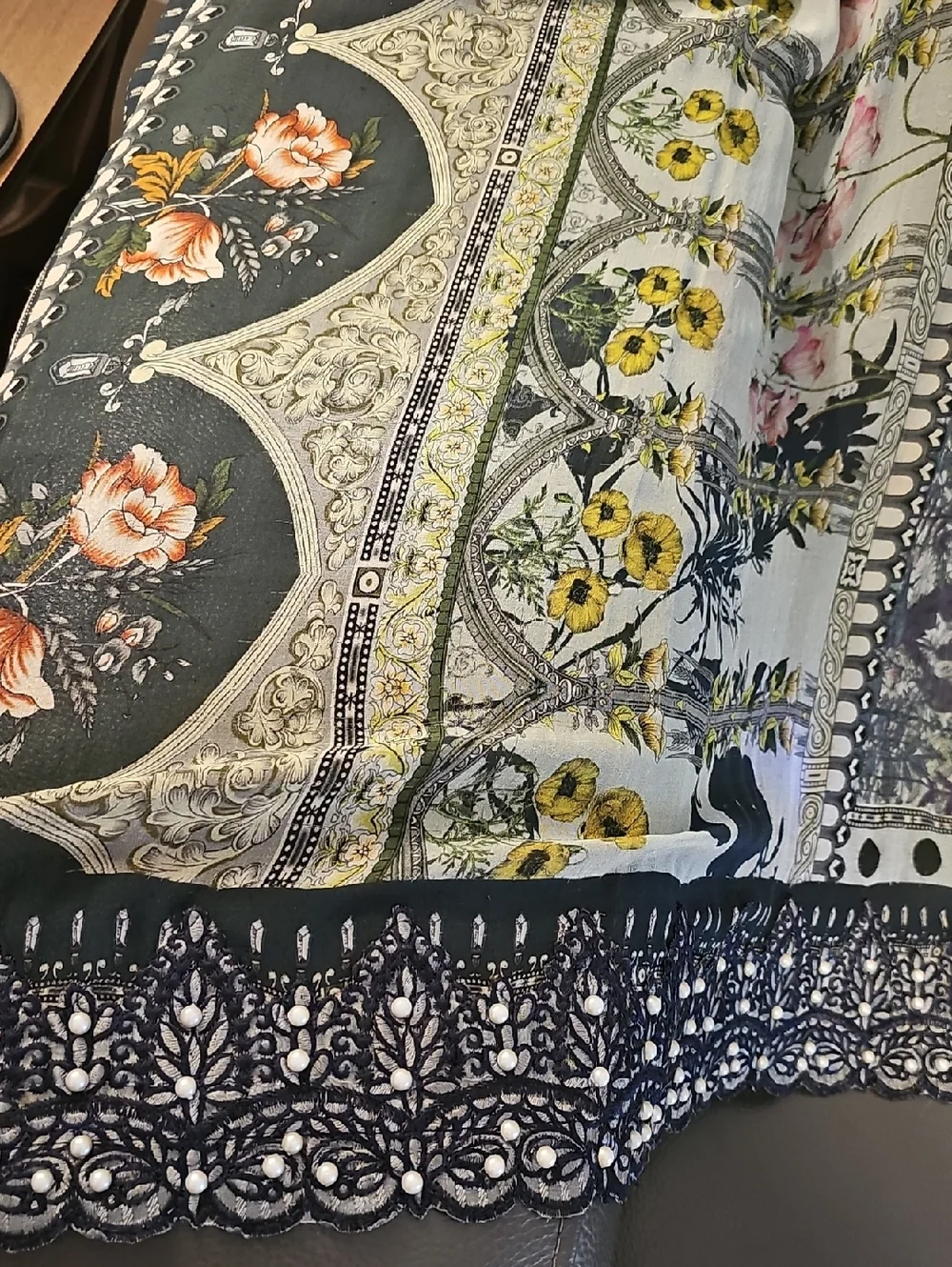 Pakistani Inspired Floral Garden Throw Cover in Sage Green/black W/Pearls 46